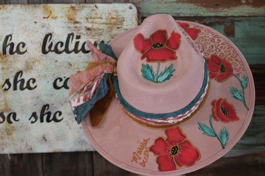 “Poppy Panache: The Hand-Painted Rancher Hat with Swarovski Elegance”