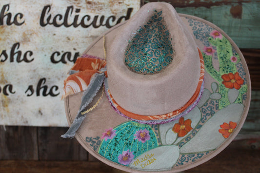 “Desert Bloom: The Hand-Painted Rancher Hat with Cactus Charm”