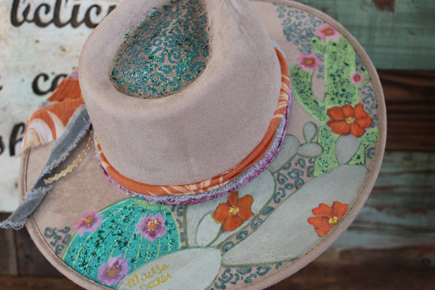 “Desert Bloom: The Hand-Painted Rancher Hat with Cactus Charm”