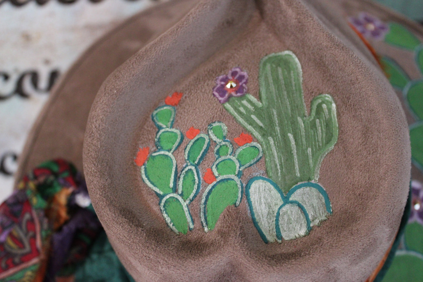 **"Cactus Charm" Vegan Suede Hat with Swarovski Crystals**