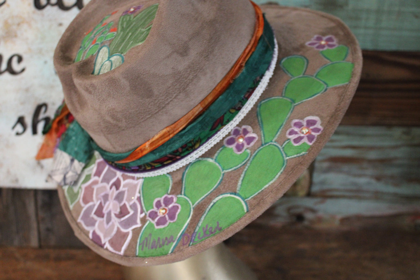 **"Cactus Charm" Vegan Suede Hat with Swarovski Crystals**