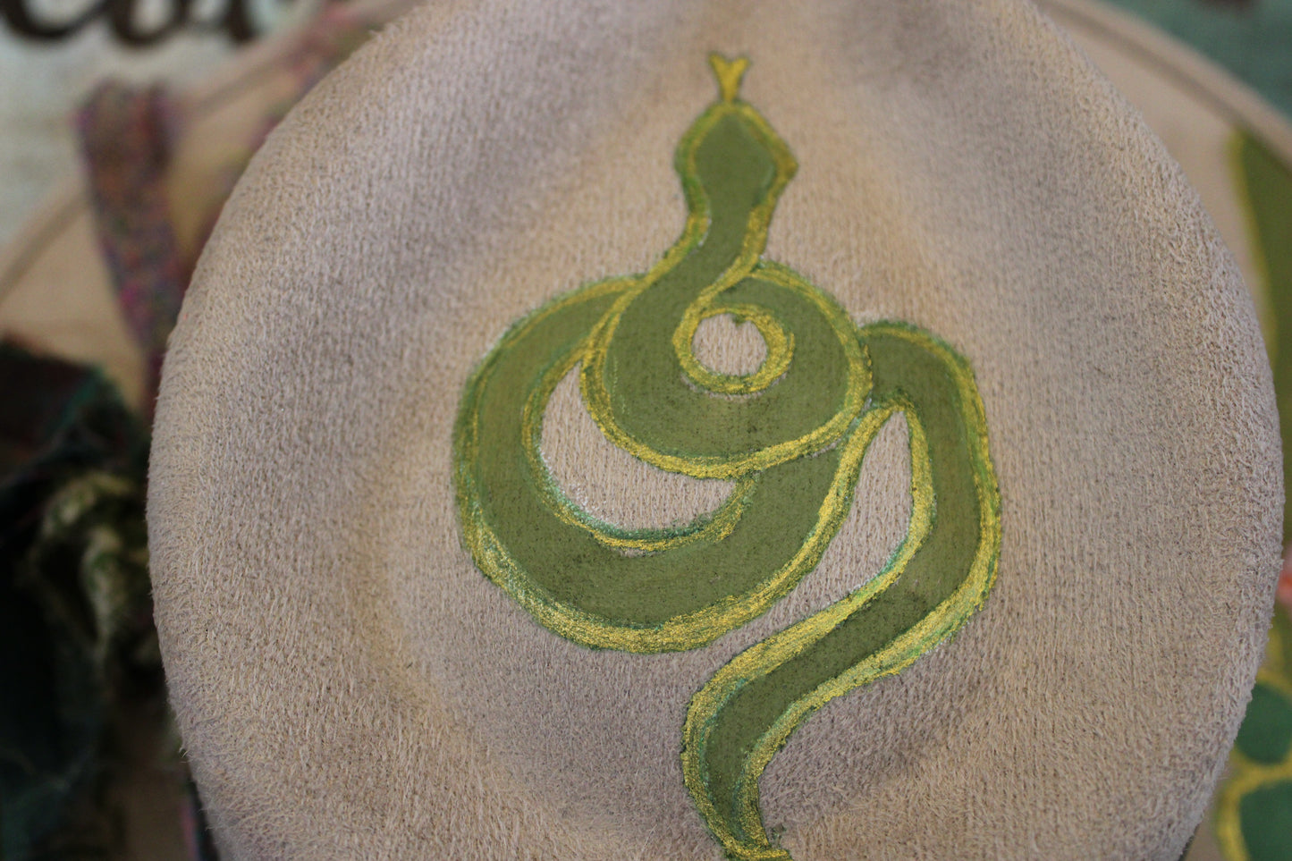 “Serpent’s Whisper: A Hand-Painted Vegan Suede Hat