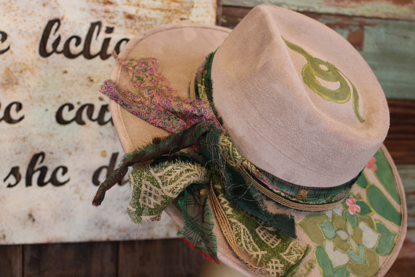 “Serpent’s Whisper: A Hand-Painted Vegan Suede Hat