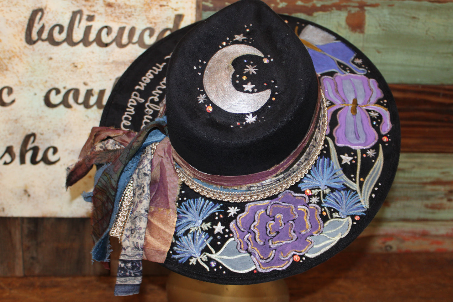 “Moonlit Blooms: A Hand-Painted Vegan Suede Hat with a Touch of the Night Sky”