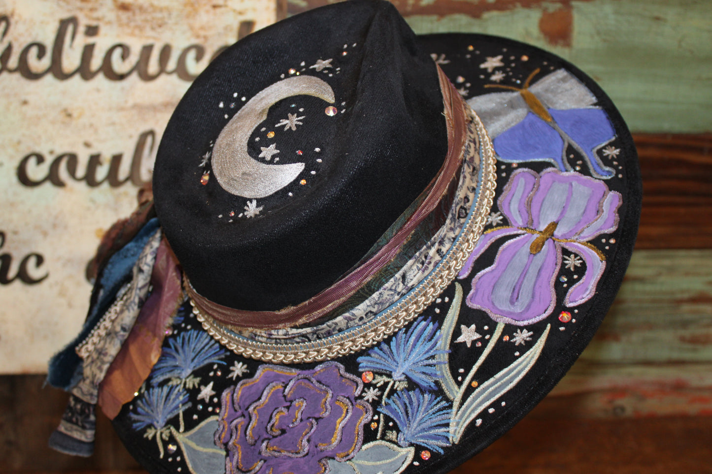 “Moonlit Blooms: A Hand-Painted Vegan Suede Hat with a Touch of the Night Sky”